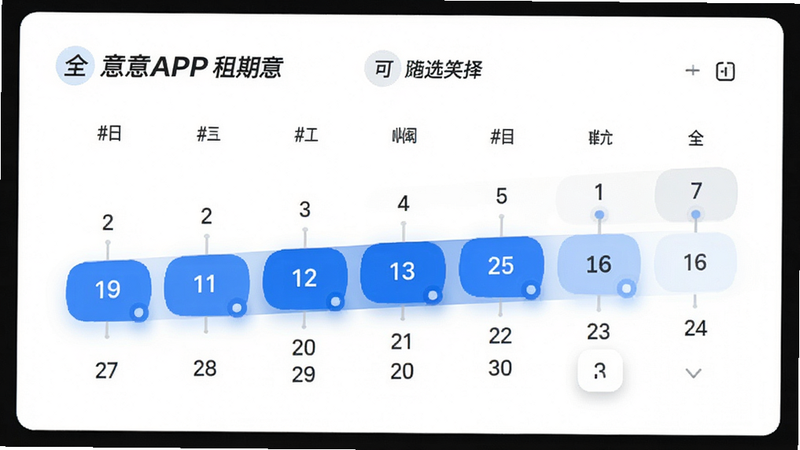 全意租APP租期选择界面,主体为日历视图,高亮显示可选日期范围,背景为白色卡片式设计,排版清晰,风格现代,细节突出日期交互效果,画质清晰,干净无干扰元素
