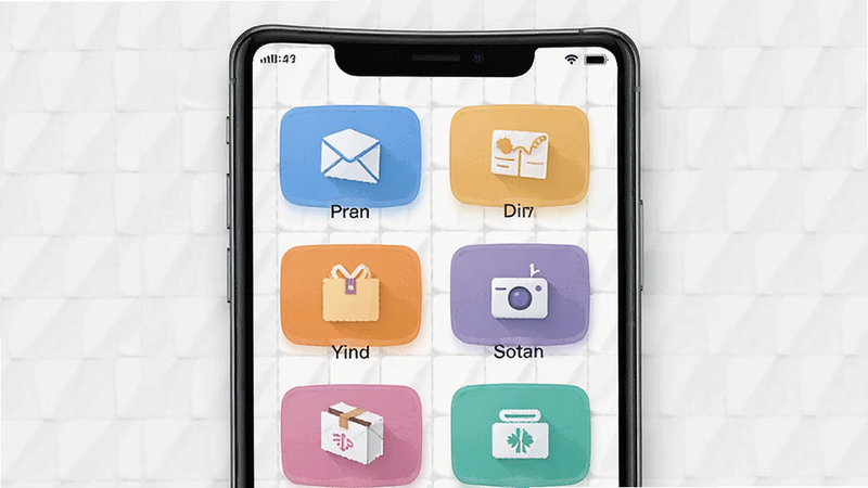 全意租APP分类页面预览,主体为手机界面,展示多个彩色图标代表不同物品类别,背景为浅灰色网格布局,排版整齐,风格扁平化,细节精致,画质高清,干净简洁