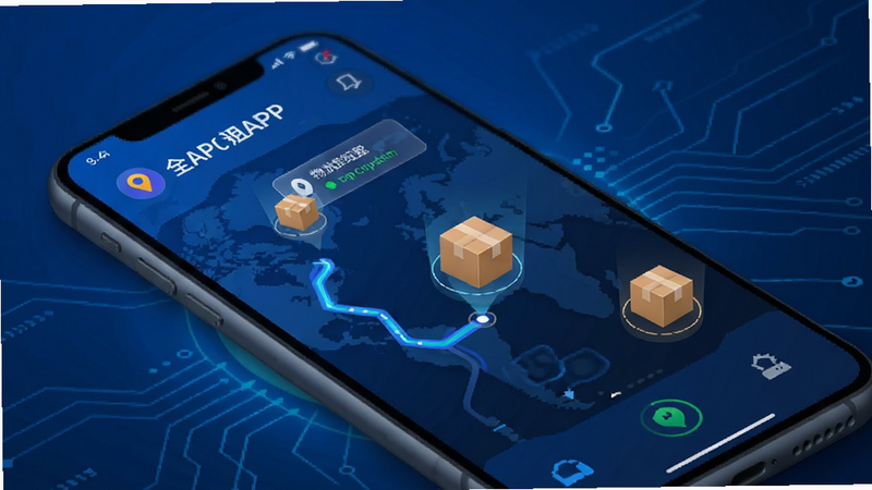 全意租APP物流追踪界面,主体为地图路线与包裹图标,背景为蓝色科技风,排版动态流畅,风格现代,细节展示包裹位置更新,画质清晰,干净高效
