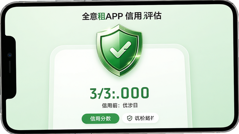 全意租APP信用评估页面,主体为绿色盾牌图标与信用分数展示,背景为淡绿色渐变,排版居中对称,风格安全可靠,细节展示盾牌光泽,画质高清,干净专业