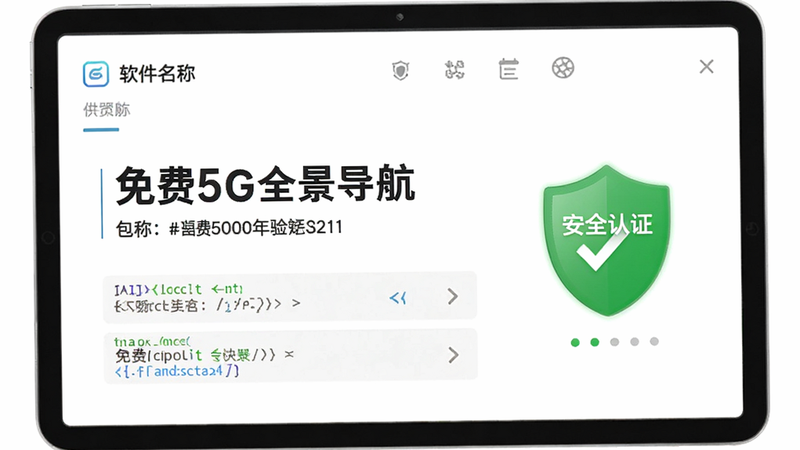 主体为软件包名验证界面,显示“免费5G全景导航”的包名信息,旁边有一个绿色的“安全认证”盾牌图标,背景白色,布局简洁,排版居中,风格信任感强,细节包含代码片段与图标,画质高清,干净无水印