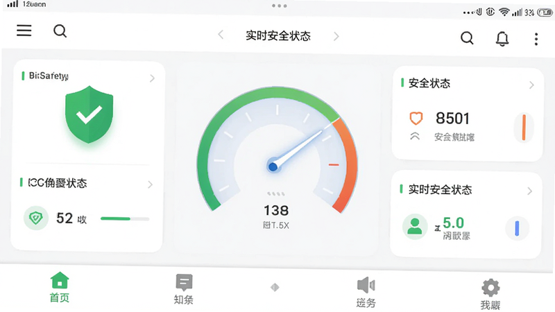 主体为BiSafety安卓应用界面,布局清晰,顶部显示状态栏,中间展示实时安全状态仪表盘,底部有功能导航栏,风格为现代扁平化UI设计,细节包含绿色盾牌图标和简洁的中文菜单,画质高清,干净,无多余元素