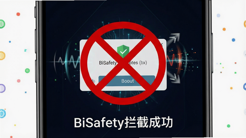 主体为手机屏幕示意图,背景为深色,中间有一个被红色禁止符号覆盖的弹窗界面,下方显示“BiSafety拦截成功”字样,布局居中,风格科技感,细节展示拦截动画效果,画质清晰,干净,无多余元素