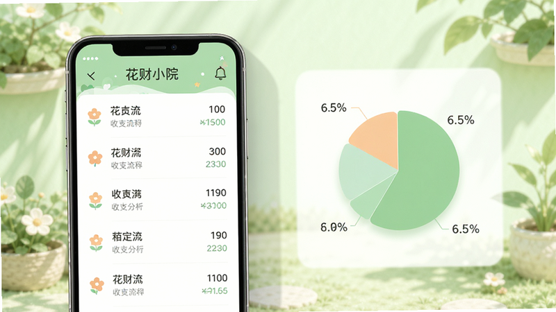主体为手机应用界面,背景是清新的淡绿色庭院风格,布局左侧为收支流水列表,右侧为简单的饼图分析,排版整洁有序,风格清新治愈,细节包含微小的花朵图标和柔和的阴影,画质高清,干净,无多余元素,文字显示