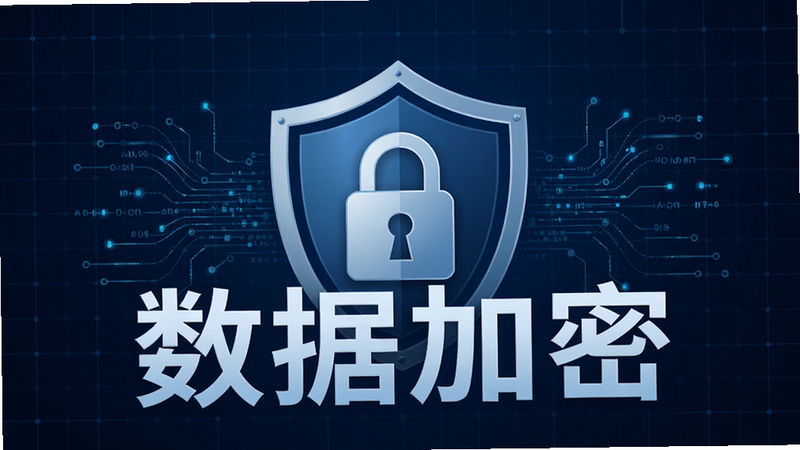 主体为盾牌图标与锁形符号叠加,背景为深蓝色科技感网格,布局居中对称,排版稳重,风格专业严谨,细节有数据流线条,画质高清,干净,无多余元素,文字显示