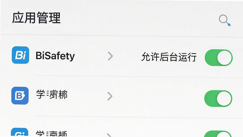 主体为手机设置界面截图,显示“应用管理”列表,BiSafety被高亮显示,右侧有“允许后台运行”开关处于开启状态,布局清晰,风格扁平化,细节包含开关的绿色状态,画质清晰,干净,无多余元素