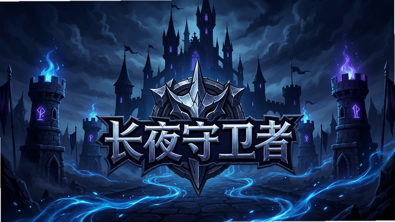 一张高质量的游戏宣传图,主体为“长夜守卫者”游戏Logo居中,背景是昏暗的哥特式城堡剪影,周围环绕着发光的魔法防御塔,地面有流动的蓝色能量特效,整体色调为深蓝与暗紫,风格为暗黑奇幻,细节丰富,画质高清,无多余文字