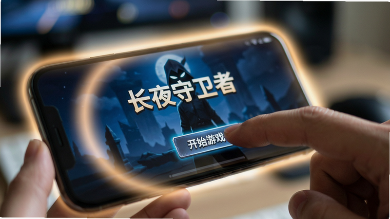 手机屏幕特写,显示“长夜守卫者”游戏主界面,手指正在点击“开始游戏”按钮,屏幕周围有柔和的光晕,背景虚化,突出操作细节,风格为写实摄影,光线自然,画质清晰,无水印