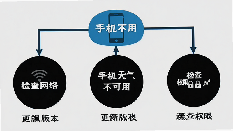 主体为手机故障排查流程图,中心是“手机天气不可用”,分支指向“检查网络”、“检查权限”、“更新版本”三个圆形节点,每个节点下方有简短说明文字,背景为浅灰色,风格扁平化图表,逻辑清晰,高对比度
