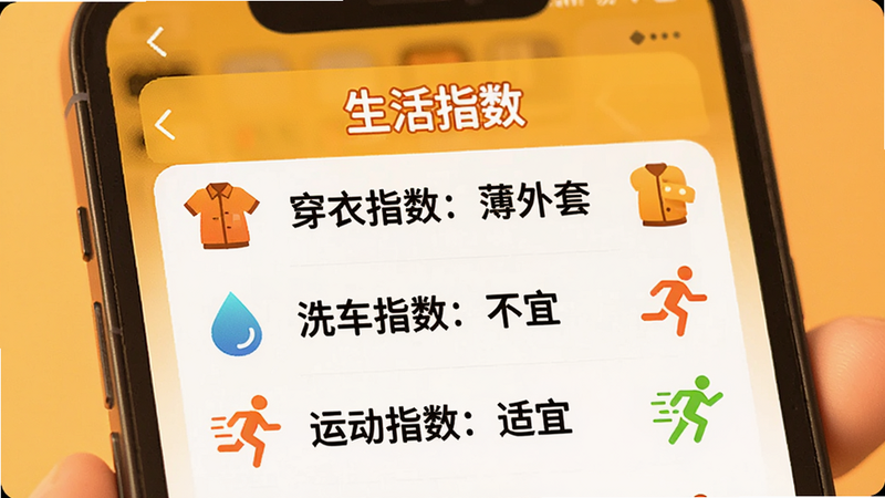 主体为手机屏幕,显示“生活指数”列表,包括“穿衣指数:薄外套”、“洗车指数:不宜”、“运动指数:适宜”,每个条目旁配有对应的小图标,如衣服、水滴、跑步人,布局整齐,风格温馨友好,高饱和度色彩,清晰易读