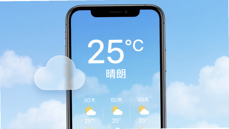 主体为手机屏幕界面,背景是柔和的蓝天白云渐变,屏幕中央显示巨大的数字温度“25℃”和“晴朗”字样,下方排列着未来三天的迷你天气图标,左侧有一个半透明的云朵图标,整体风格清新扁平化,高保真,4k画质,干净无杂乱元素