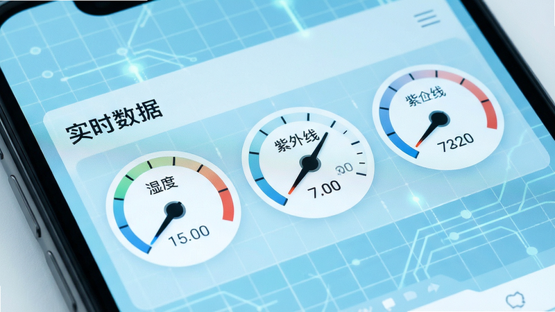 主体为手机APP界面局部特写,聚焦于“实时数据”面板,显示湿度、气压、紫外线三个圆形仪表盘,指针指向具体数值,背景为淡蓝色科技感网格,文字清晰锐利,风格现代简约,高清晰度,无水印