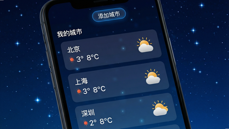 主体为手机界面,显示“我的城市”列表,包含“北京”、“上海”、“深圳”三个城市卡片,每个卡片显示当前温度和天气图标,顶部有“添加城市”按钮,背景为深蓝色夜空,星星点缀,风格科技感,布局清晰,高分辨率
