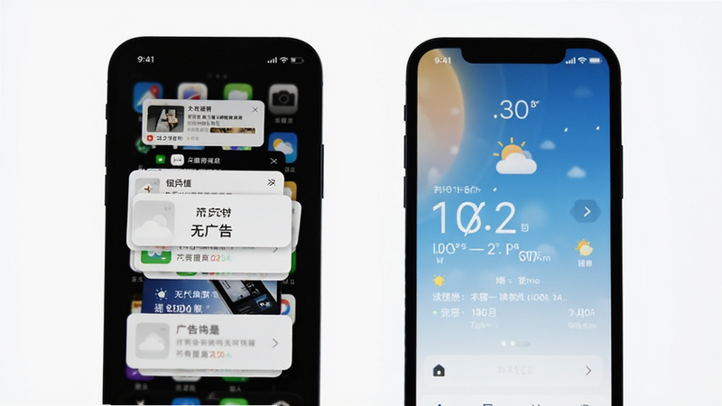 主体为两部手机并排,左侧手机屏幕显示复杂的广告弹窗,右侧手机屏幕显示清爽的天气主界面,右侧屏幕发光柔和,形成鲜明对比,背景为纯白色,突出“无广告”概念,风格极简主义,高对比度,清晰可见