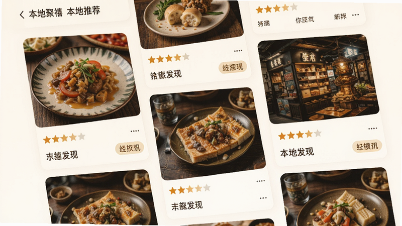 ����Ϊ���þ���APP�����Ƽ�ҳ�棬���ֲ����ٲ�����Ƭ��ƣ�չʾ��ʳ�����ͼƬ���Ű�������£������ܰ�����ϸ�ڰ��������Ǽ����ǩ�������������ɾ������ְ��������ط��֡�