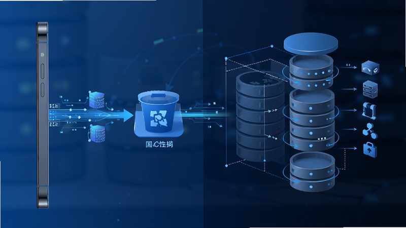 主体为净速清理助手深度扫描过程示意图,布局左侧为手机侧边视角,右侧为分解的数据库结构图,排版左右分栏,风格科技蓝调,细节显示数据流从手机流向回收站图标,画质细腻,干净,无多余元素