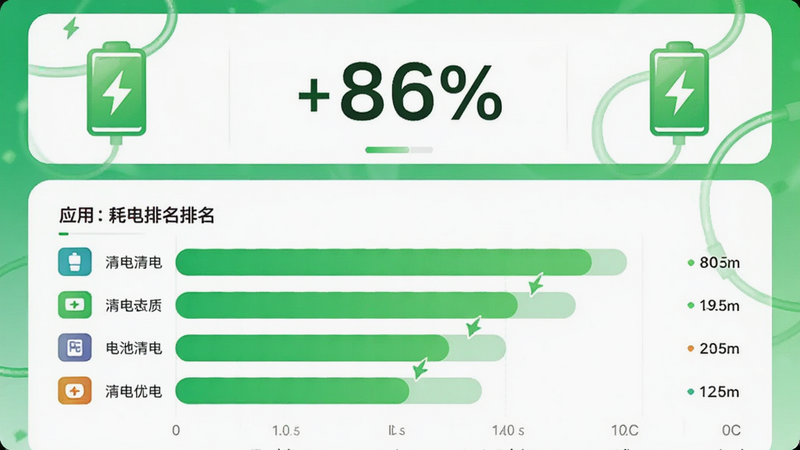 主体为净速清理助手电池优化界面,布局上方为电量百分比显示,下方为各应用耗电排名条形图,排版上下结构,风格清新绿色系,细节处有电池充电图标,画质明亮,干净,无多余元素