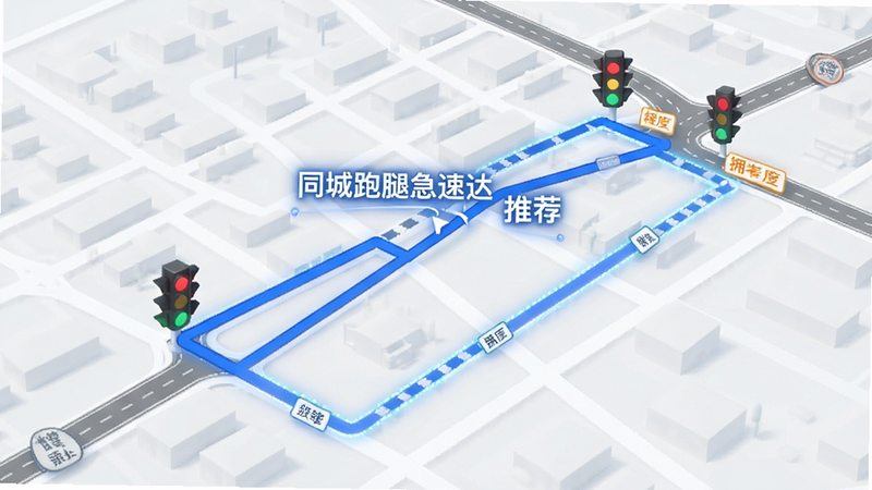 主体为导航地图路径规划示意图,布局展示多条对比路线,高亮显示“同城跑腿急速达”推荐的最优蓝色路径,排版简洁直观,风格为极简科技风,细节包含红绿灯状态与道路拥堵程度标识,画质清晰,无多余装饰