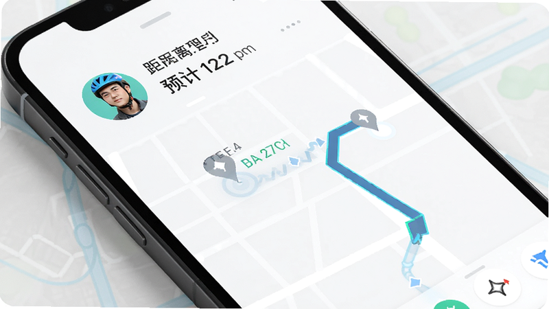 主体为手机屏幕上的实时追踪界面,布局显示骑手头像、距离及预计到达时间,排版紧凑有序,风格为清新简约,细节包含骑手实时经纬度坐标点与路径动画效果,画质细腻,界面干净