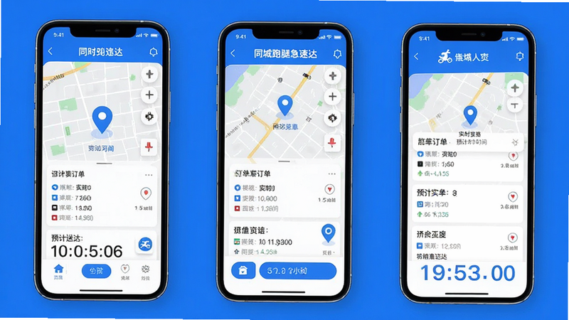 主体为“同城跑腿急速达”APP手机界面截图,布局清晰展示首页地图定位与订单列表,排版采用简洁扁平化设计,风格为现代科技感蓝色调,细节包含骑手实时位置图标与预计送达时间倒计时,画质高清8k,干净无多余元素