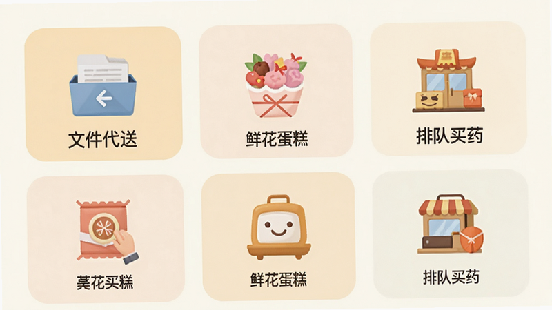 主体为服务场景选择页面,布局排列整齐的图标矩阵,包含“文件代送”、“鲜花蛋糕”、“排队买药”等选项,排版对称均衡,风格为生活化暖色调,细节包含各场景的扁平化插画图标,画质柔和,无杂乱背景