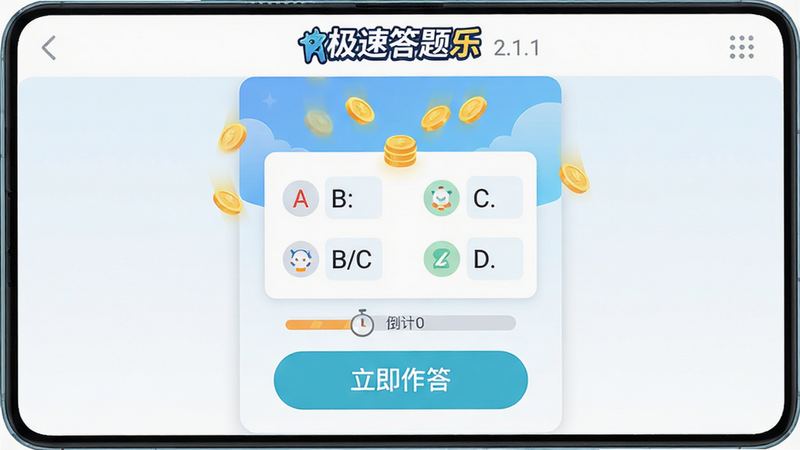 主体为极速答题乐安卓应用界面,布局居中,顶部显示“极速答题乐”Logo及版本号2.1.1,中间为一道选择题卡片,选项A/B/C/D清晰可见,底部有“立即作答”大按钮,风格为清新扁平化UI,细节包含金币掉落特效和倒计时进度条,画质高清,干净无多余元素