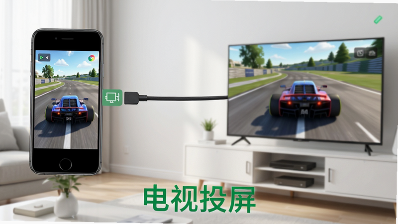 主体为手机连接电视投屏拉力的赛车游戏的场景,布局左侧手机右侧电视,排版简洁,风格为现代家居风,细节展示屏幕内容和连接图标,画质高清,干净,无多余元素,文字