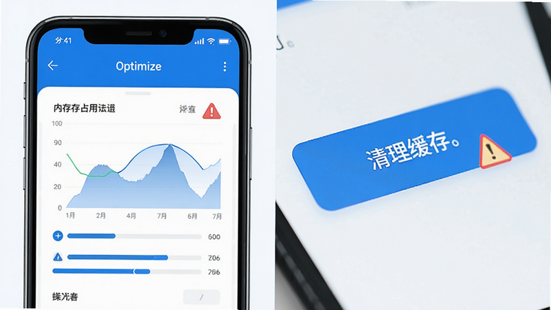 主体为手机屏幕故障排查示意图,布局分为左右两栏,左侧显示手机内存占用图表,右侧显示清理缓存的操作按钮特写,排版逻辑清晰,风格为科技蓝白配色,细节包含进度条与警告图标,文字引用