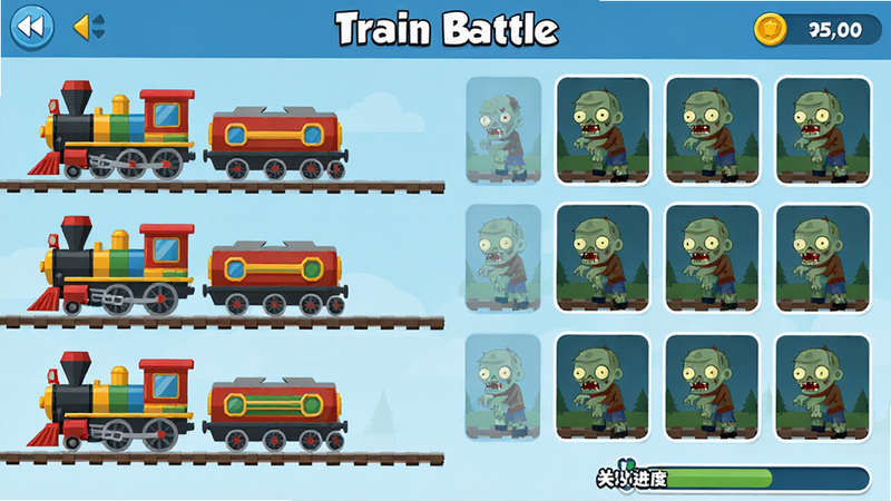 主体为《Train Battle》游戏主界面全景,布局采用横向卷轴式设计,左侧展示不同等级的火车头模型,右侧为僵尸敌人波次预览,排版整洁有序,风格为卡通扁平化,细节处包含金币计数与关卡进度条,文字引用