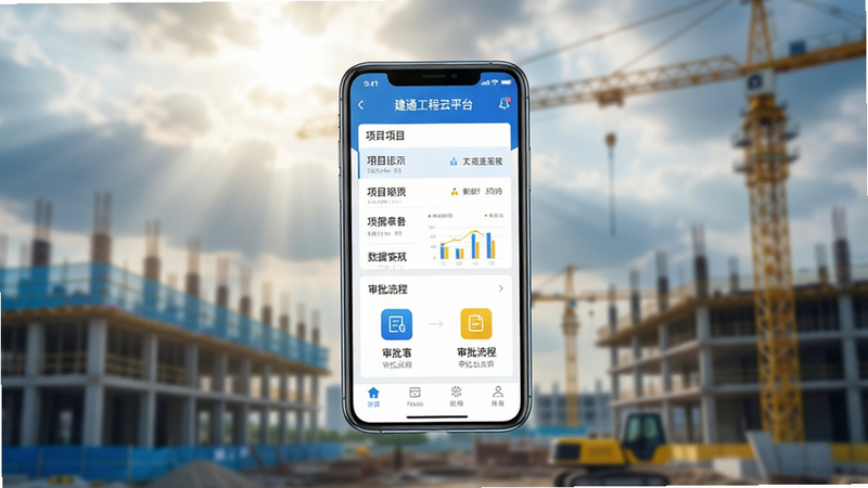 一张展示建通工程云平台界面的高质量概念图,主体为悬浮在空中的智能手机屏幕,屏幕上清晰显示“建通工程云平台”APP界面,包含项目列表、数据图表和审批流程图标,背景为现代化的建筑工地虚化场景,阳光透过云层洒下,整体风格为科技蓝与工程黄配色,布局中心对称,排版整洁,细节丰富,高清画质,干净无多余元素