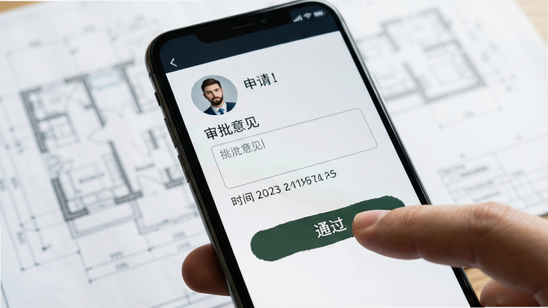 特写镜头展示手机屏幕上的审批流程界面,手指正在点击“通过”按钮,背景模糊显示复杂的工程图纸,界面元素包括申请人头像、审批意见输入框、时间戳记录,风格为极简商务风,高对比度,字体清晰,细节精致,8k分辨率,干净背景