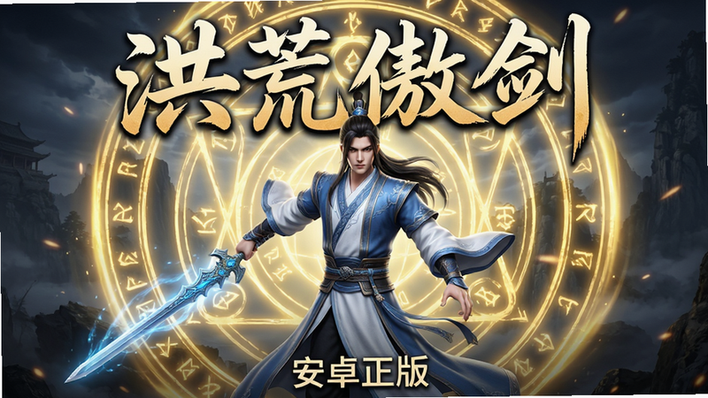 主体为游戏《洪荒傲剑》的高清主视觉海报,布局采用中心对称构图,中央是一位身着蓝白仙侠长袍的剑修角色,手持发光长剑,背后有巨大的金色法阵特效;排版上,上方为巨大的书法字体“洪荒傲剑”,下方有小字“安卓正版”;风格为3D写实渲染,细节丰富,画质8k,干净无多余元素