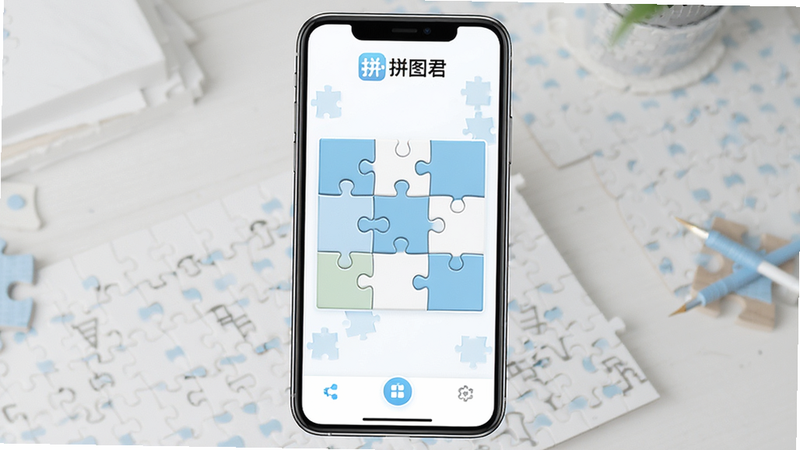 一张高清手机应用界面预览图,主体为“拼图君”APP的主界面,布局清晰,顶部显示软件Logo“拼图君”,中间展示一个正在编辑中的九宫格拼图案例,底部有功能栏,风格现代简约,色彩以白色和浅蓝色为主,细节精致,画质清晰,无多余元素