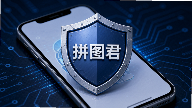 一个盾牌图标叠加在手机图片上,象征“隐私安全”与“离线处理”,背景为深蓝色科技感,中间有“拼图君”字样,风格稳重可靠,细节丰富,画质清晰,无其他杂项