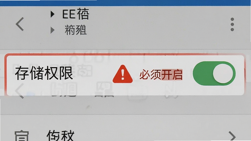 手机设置界面截图,高亮显示“存储权限”开关为开启状态,旁边有红色警告图标提示“必须开启”,背景为安卓系统设置菜单,风格写实,画质清晰,无其他干扰信息