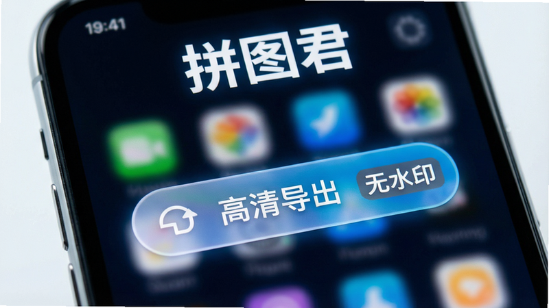 特写镜头展示手机屏幕上的“高清导出”按钮,旁边有“无水印”标识,背景虚化,突出软件名称“拼图君”在顶部,风格科技感,光线明亮,画质细腻,无多余文字