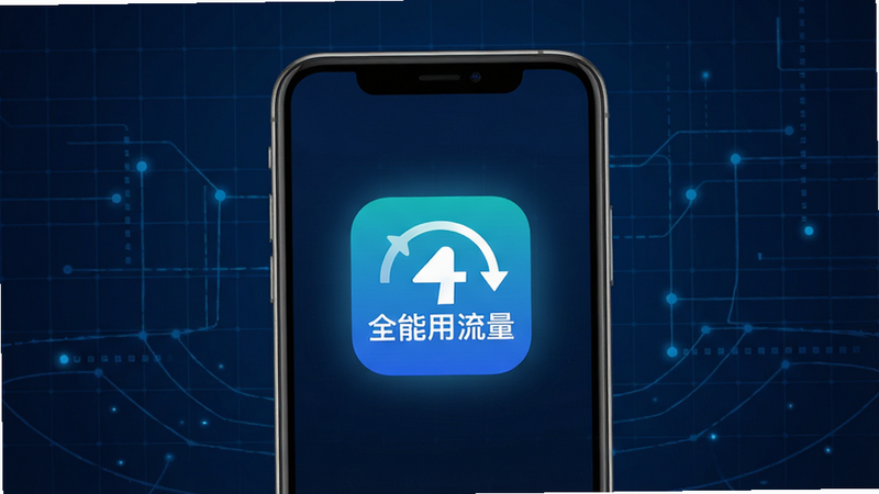 主体为一部现代智能手机,屏幕中央显示“全能用流量”应用图标,背景为深蓝色科技感网格,布局居中,排版简洁,风格扁平化极简,细节处有微弱的光晕效果,画质高清,干净,无多余元素