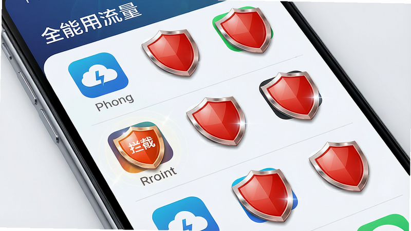 手机屏幕显示“全能用流量”应用列表,部分应用图标被红色盾牌覆盖表示拦截,布局列表式,排版整齐,风格商务科技,细节处有盾牌保护图标的高光,画质高清,干净,无多余元素