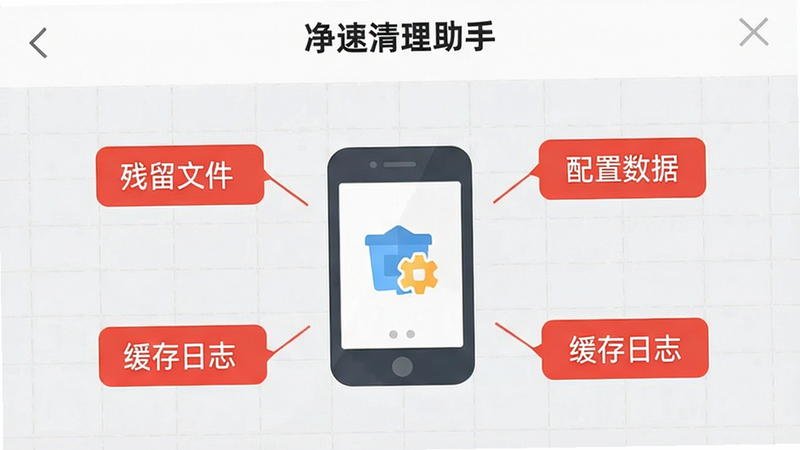 展示“净速清理助手”APP内的“应用残留清理”页面,界面显示一个手机图标,周围环绕着被标记为红色的“残留文件”、“配置数据”、“缓存日志”等标签,背景为浅灰色网格布局,风格扁平化设计,细节清晰,高保真,无文字干扰,干净背景
