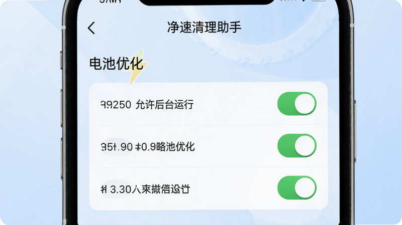 展示“净速清理助手”APP的“电池优化”设置界面,界面中有多个开关按钮,其中“允许后台运行”、“忽略电池优化”等选项处于开启状态(绿色),背景为柔和的浅蓝色,风格清晰直观,细节丰富,无多余装饰,高清渲染