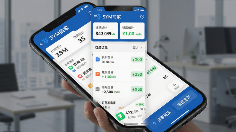主体为SYM商家安卓应用界面全屏展示,布局清晰分为顶部统计栏、中部订单列表与底部快捷操作区,排版采用扁平化设计,风格为现代商务科技风,细节包含清晰的数字图标与绿色收入标识,画质4k高清,干净无多余元素,文字