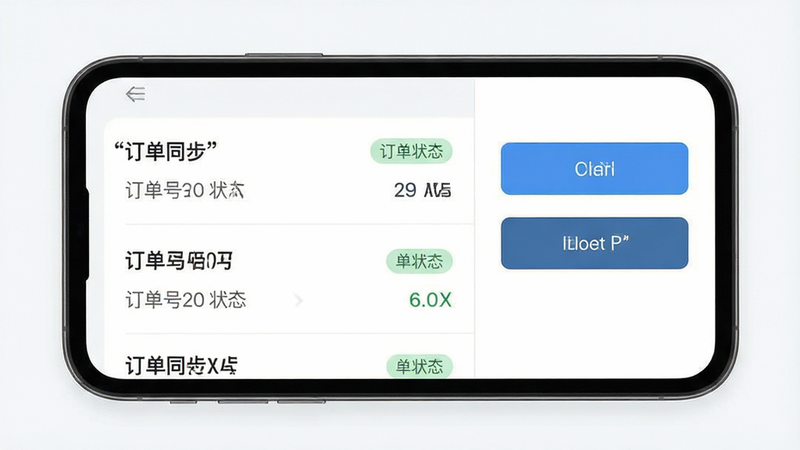 主体为手机屏幕显示订单同步界面,布局左侧为订单列表右侧为操作按钮,排版紧凑有序,风格为极简UI设计,细节展示订单编号与状态标签,画质高清,干净背景,文字