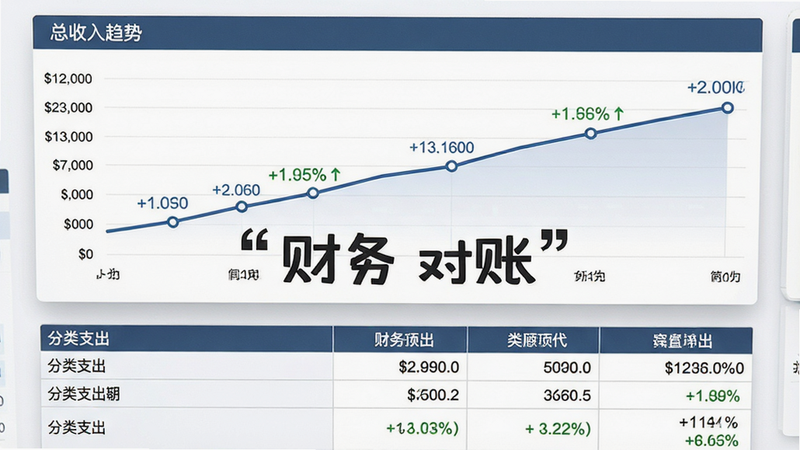 主体为财务报表分析界面,布局上方为总收入趋势折线图下方为分类支出表格,排版专业严谨,风格为商务办公风,细节包含金额数字与百分比增长标识,画质清晰,干净背景,文字