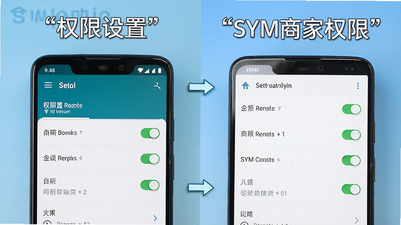 主体为安卓手机设置界面与SYM商家权限设置对比图,布局左右分屏,排版清晰,风格为教程指导风,细节展示权限开关状态,画质高清,干净背景,文字