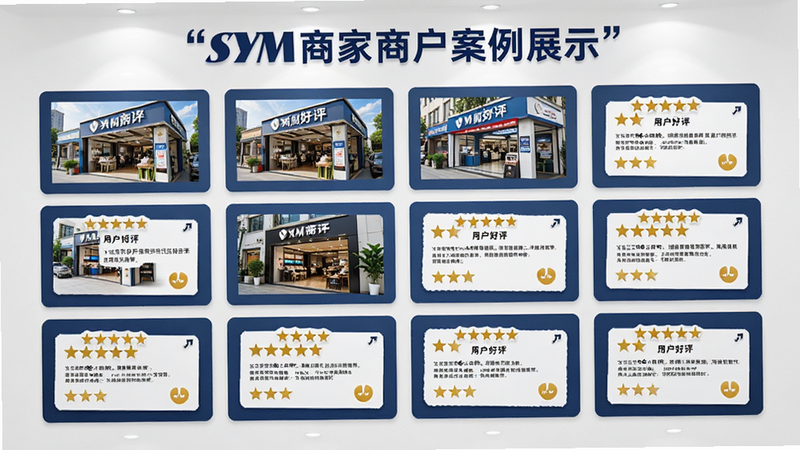 主体为SYM商家商户案例展示墙,布局为网格状排列店铺照片与好评截图,排版整齐,风格为商务信任感,细节包含五星好评图标,画质高清,干净背景,文字