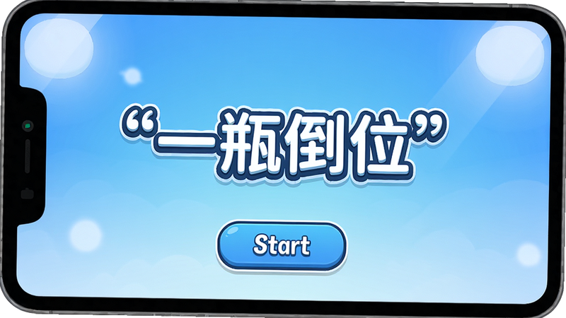 主体为一瓶倒位游戏主界面截图,布局居中展示游戏Logo与开始按钮,排版简洁现代,风格为扁平化卡通,细节包含背景渐变蓝色与白色高光,画质高清,干净,无多余元素,文字