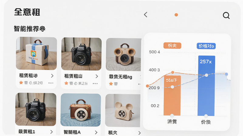 展示“全意租”APP内的智能推荐页面,左侧列出几种热门租赁物品卡片,右侧显示价格对比图表,界面干净清爽,色彩搭配协调,细节丰富,高清画质,无水印