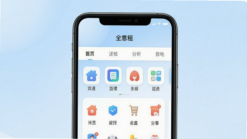 一张展示“全意租”APP主界面的高清截图,屏幕中央显示清晰的导航栏和分类图标,背景为柔和的浅蓝色渐变,布局整齐,字体清晰,风格现代简约,画质细腻,无多余元素