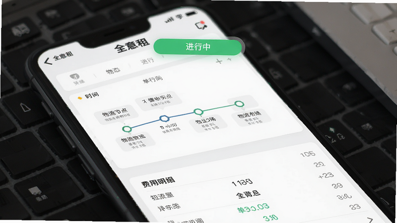 展示“全意租”APP的订单详情页,顶部显示订单状态“进行中”,中间是时间轴展示物流节点,底部是费用明细列表,界面设计专业,文字清晰,风格扁平化,高清无噪点