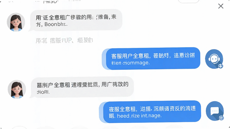 展示“全意租”APP的客服聊天界面,左侧是用户消息气泡,右侧是客服回复气泡,背景为白色,图标简洁,排版紧凑,风格友好,高清细节,无杂乱元素